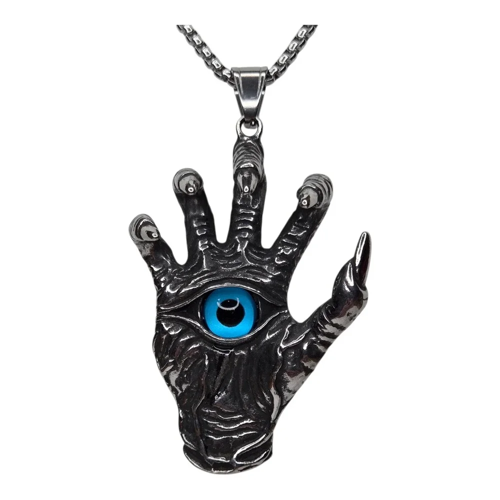 Vintage Monster Hand Necklace Metal Silver Tone Evil Eye Goth Punk Pendant